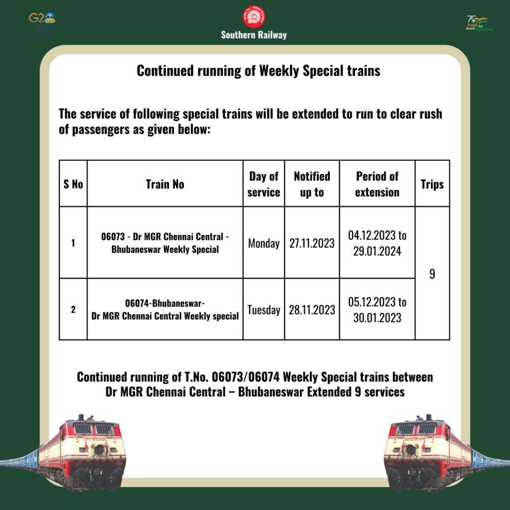 Weekly Special trains between Dr MGR Chennai Central – Bhubaneswar