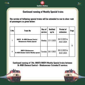 Weekly Special trains between Dr MGR Chennai Central – Bhubaneswar