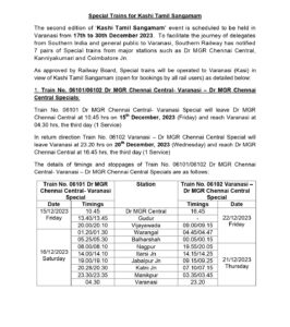Special Trains for Kashi Tamil Sangamam