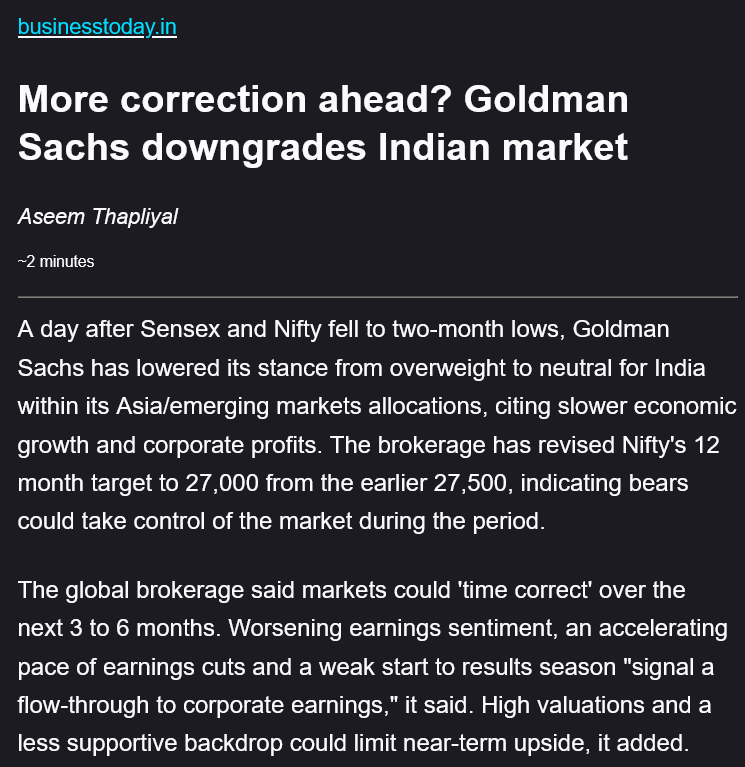 Goldman Sachs has slashed Nifty target to 27000 amidst high valuations & slowing economic growth